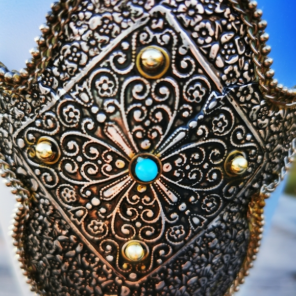 Vintage Blue Ombre Frosted Satin Art Glass Vase with Applied Metal Accents - Picture 4 of 17